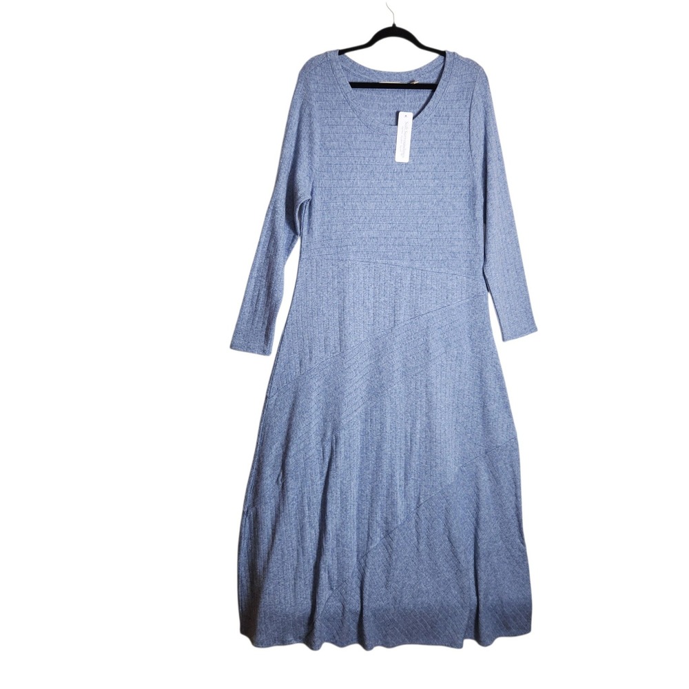 Soft Surroundings Blue Ribbed Knit A-Line Midi Dress Long Sleeve L